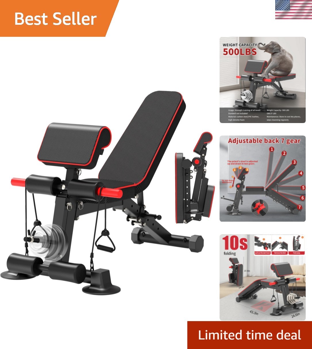 Elite Adjustable Weight Bench - Foldable Utility for Full Bo