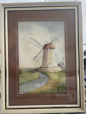 Schönes Aquarell einer Windmühle von R.P. Minto