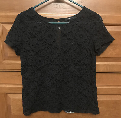 Forever 21 Top Jrs Medium Black Floral Lace Grunge Sheer Y2K shirt blouse 1385
