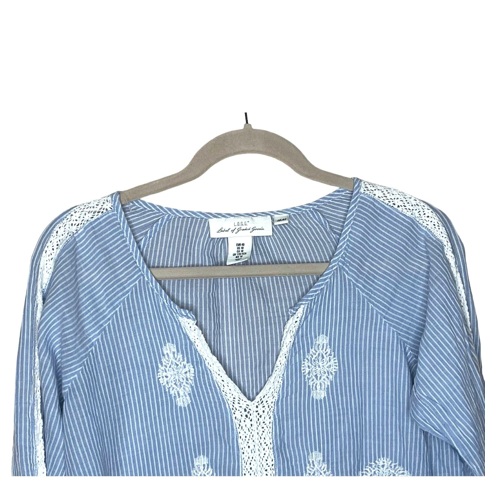 H&M Label of Graded Goods Women's Peasant Blouse Blue Pinstriped Lace Size 10 thumbnail 2