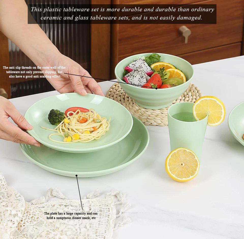 Plastic Dinnerware Set 32 PCS (Reusable Light Weight Mugs, Bowls, Dishes) LGreen - Image 4 of 4