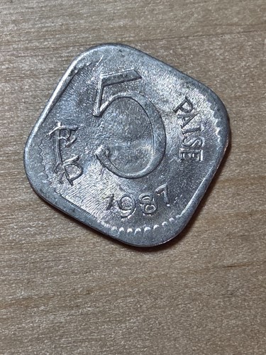 India 5 Paise coin, 1987 M. KM# 23a, aluminum. Mumbai mint. Square.
