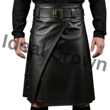 Men's Black Leather Kilt Gothic Pleated Utility Wrap Celtic Warrior Style