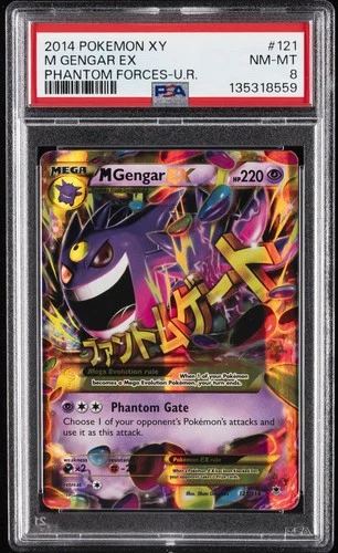 2014 POKEMON XY PHANTOM FORCES ULTRA RARE #121 M GENGAR EX PSA 8