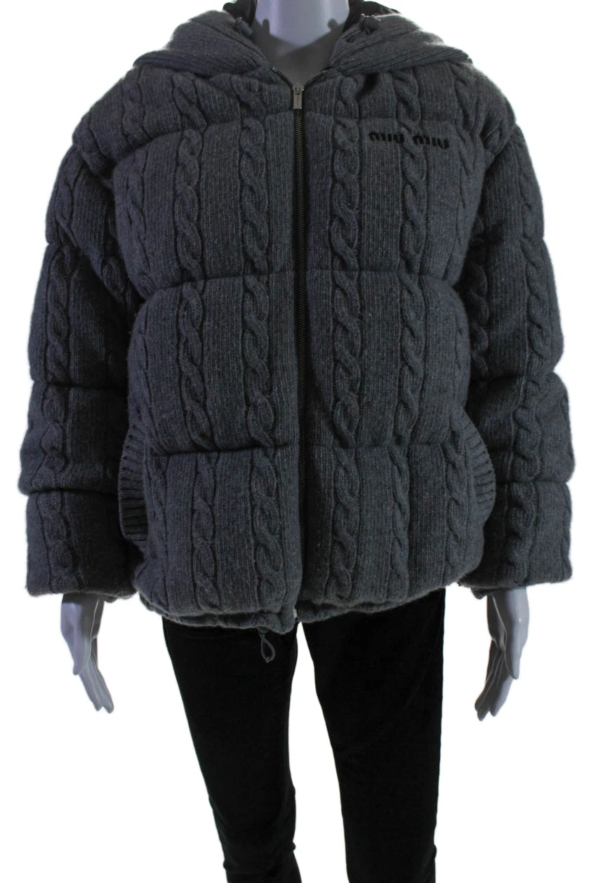 Cappotto donna Miu Miu lana maglia cavo grigio full zip cappuccio manica lunga taglia 36