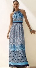NWT White House Black Market Geo Maxi Blue Collar Halter Dress SZ 12 Sundress