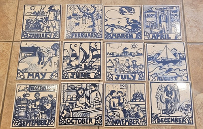 HR Johnson Made England Set Of 12 Month Tiles  delft blue 6'' squares