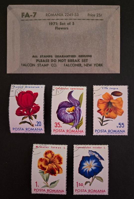 Romania 1971 Set of 5 stamps Flowers, includes glassine envelope STLC