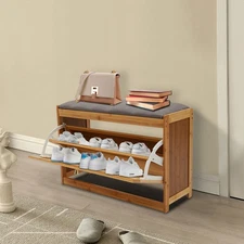 2-Tier Entryway Bamboo Shoe Bench with Seat Cushion Free Standing Shoes Rack