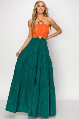 $545 STAUD "Dome" Tortoise Cutout Taffeta Halter Maxi Dress - Teal  Tangerine - M | eBay