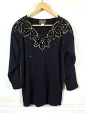 Vintage Focus USA Black Sweater Womens L Leaf Studded Rhinestone Beaded USA Made