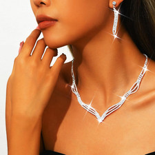 Silver Rhinestone Wedding Jewelry Set Necklace Earrings Prom Bridal