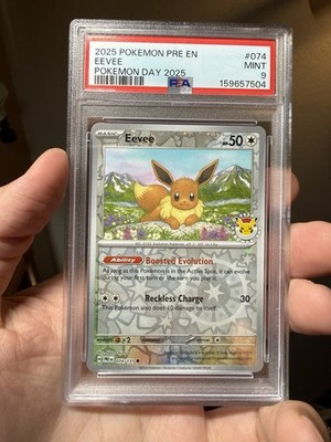 2025 POKEMON PRE EN-PRISMATIC EVOLUTIONS POKEMON DAY 2025 #074 EEVEE PSA 9 Swirl