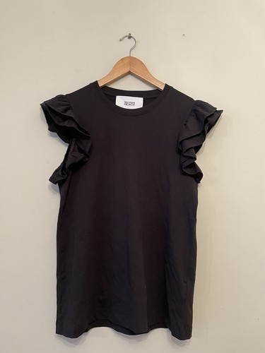 Silvian Heach Ruffle Sleeveless Top Size Small Black 100% Cotton Jersey Logo