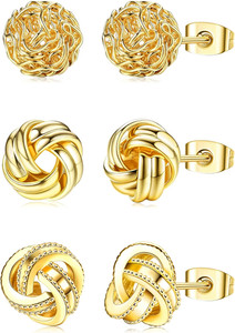 Authentic 3 Pairs 14K Gold Plated Knot Earrings for Women Hypoallergenic Small Stud Earrin