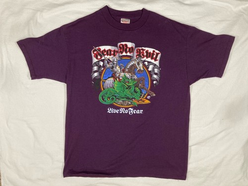 Vtg 90s Fear No Evil Live No Fear T Shirt Knight Fighting Dragon Purple
