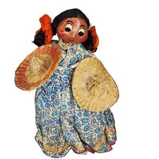 Ethnic Folk Art Mexican Doll Girl Sombrero Painted Ceramic Face Vintage 11 in