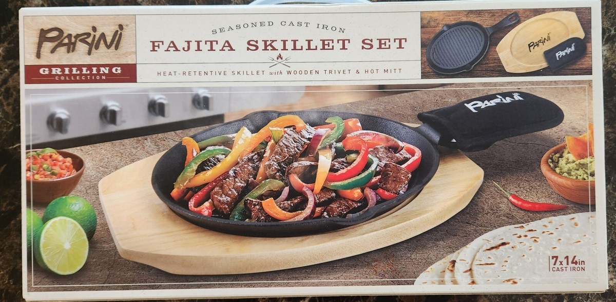 Parini Grilling Cast Iron Fajita Skillet Set - Brand New Factory 