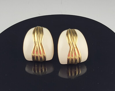 Classic Vintage Ciner Enamel Ivory & Gold Tone Hoop Clip Earrings Marked