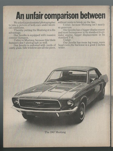 1968 AMC JAVELIN 2-page advertisement, Javelin SST vs Mustang, print ad - Picture 2 of 3