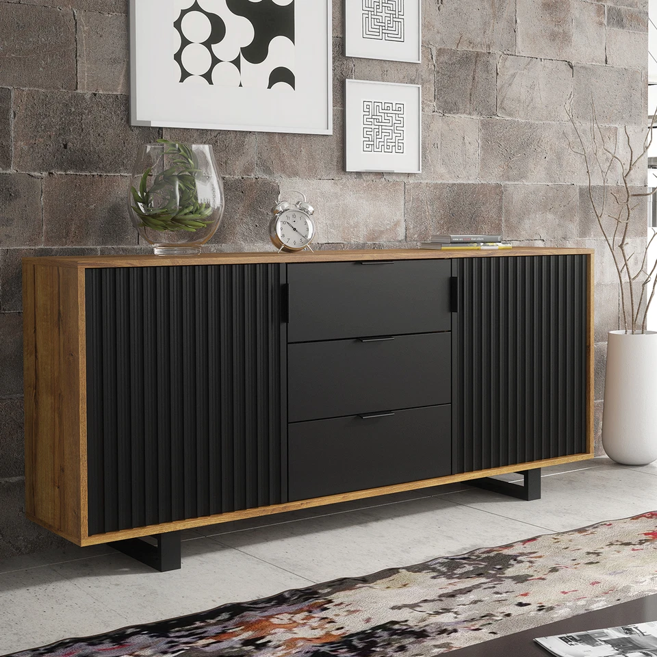 Sideboard 140cm Modern Cabinet | Slatted Doors Drawers | Sleek Design Unit - Image 4 of 4