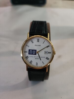Pulsar Gold Tone Black Leather Mens Watch V322-8000 MW Safe Driver