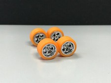 R143 Hot Wheels 1/64 Set 5 Spoke Chrome Rim 12mm, Medium Orange Rubber Tires