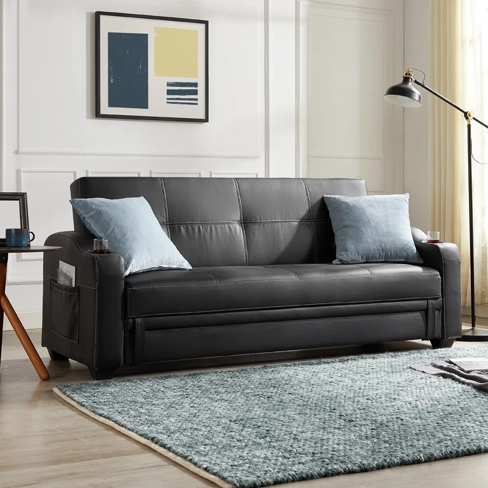 3 Seater Faux Leather Sofa Bed Black Tuffed Backrest Cupholders in Armrest