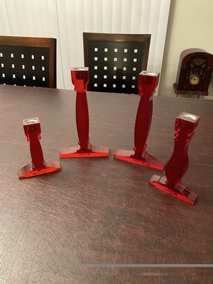 Vintage Noelle Red Acrylic Lucite Candle Stick Holders Set Of 4