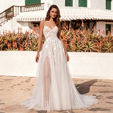 Spaghetti Straps 3D Florals Wedding Dresses Glitter Tulle Slit Boho Bridal Gowns