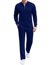 Men's 2 Piece Tracksuit Set Polo Athletic Sweatsuit Quarter Zip Jogging Long ...