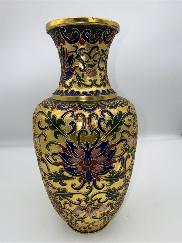 Vintage Chinese Cloisonné Gilt Gold Enamel Lotus Flower Vase - 20th Century 10 “