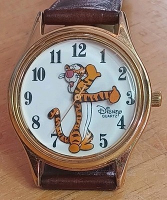 Disney Men's Watch Embossed Tigger on White Dial 3 Hand Mvmt Brown Leather Band