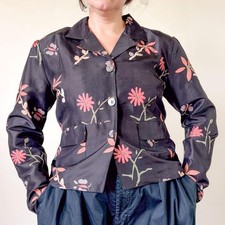 Silk Blazer Vintage Inspired Black Silk Peachy Pink Floral Beaded Jacket