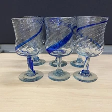 Set Of 6 Mexican? Hand Blown Stemmed Wine Glasses Goblet Cobalt Blue Swirl