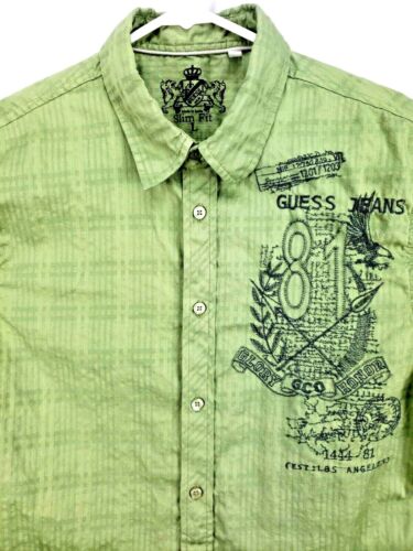 Guess Jeans Mens Shirt Size Lrg Long Sleeve Button Green Embroidered Glory/Honor - Picture 3 of 9