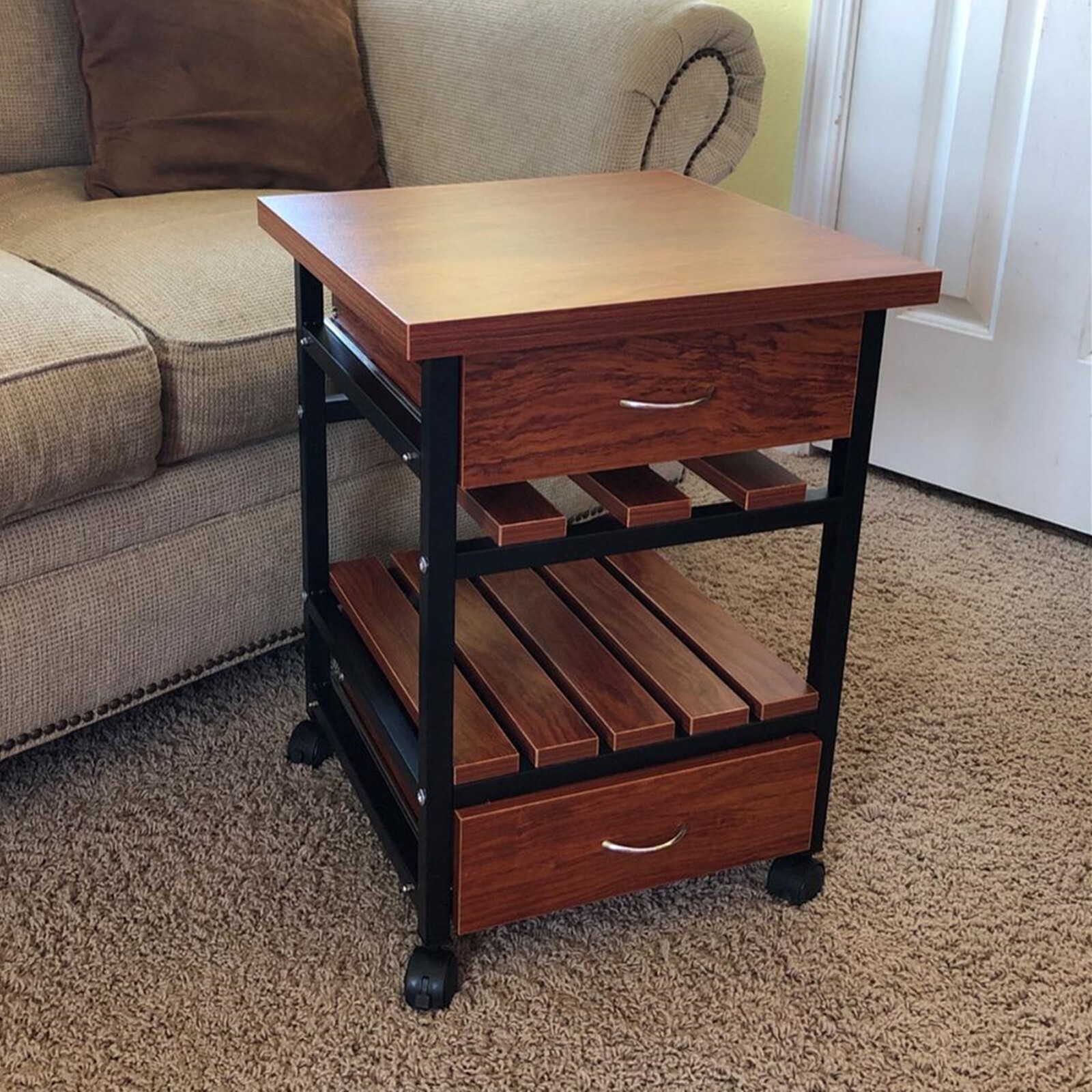 CLARFEY Wood Rolling Nightstand with 2 Drawers - Compact Storage Bedside Table for Home Decor and Organization