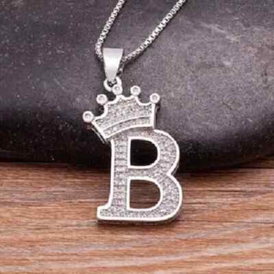 Unisex Crown Initial Letter B Pendant 14K White Gold Plated Lab Created Diamond