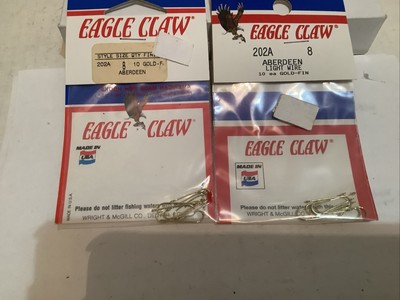 NOS EAGLE CLAW 20 PCS. STYLE #202A 8 ABERDEEN LIGHT WIRE GOLD-FIN FISH. HOOKS