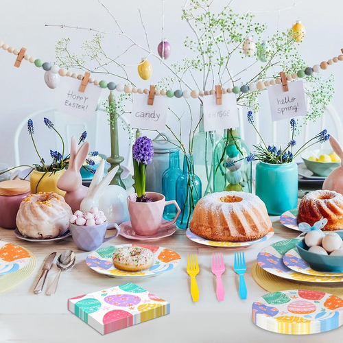 96 Pieces Easter Day Tableware Set Party Supplies - Colorful Eggs Pattern Dispos - Picture 4 of 12