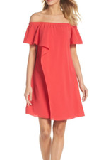Adrianna Papell Geranium Off The Shoulder Crepe Dress Women's Size 2 L24530