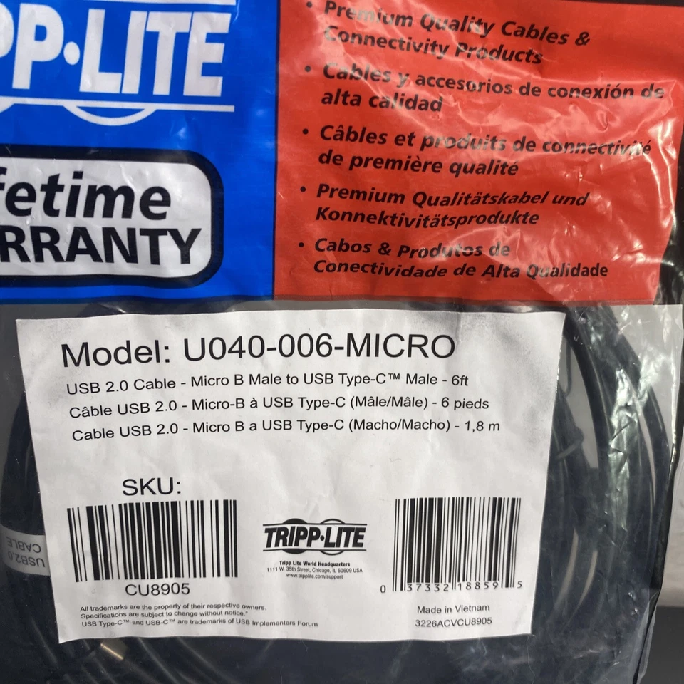 Tripp Lite Usb 2.0 [micro-b Male To Usb Type-c Male], 6-ft - Usb EB53 Shelf 50 - Image 2 of 2