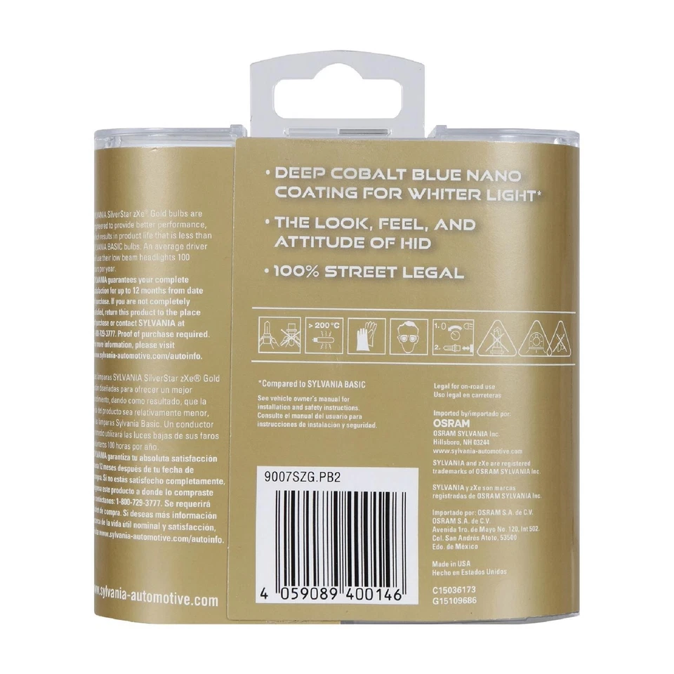 Sylvania Silverstar ZXE Gold 9007 HB5 65/55W Dos Bombillas Faro Doble haz Stock Foto 3 de 4