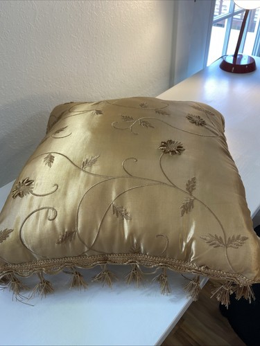 Gold Faux Silk Floral Embroidered Tassel Fringe Throw Pillow 18 x 18 - Picture 3 of 9