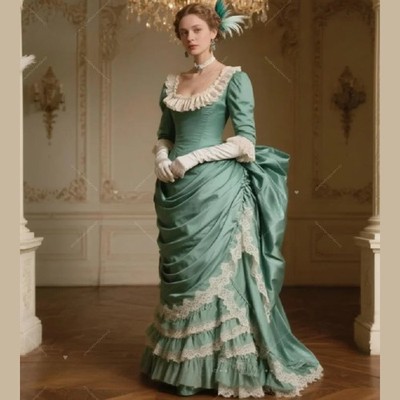 Mint Bustle Evening Dresses19th Century French Court Ruffles Victorian Prom Gown