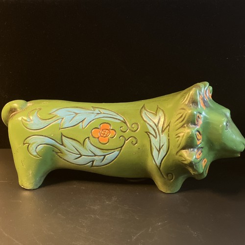 Green Plaster Lion-Shaped 60's- 70's Piggy Bank Floral Design Collectible