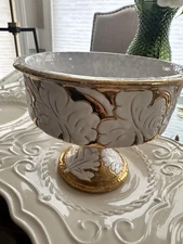Vintage Small Handmade Compote Gold and White Terricota Fruit Pedestal Bowl