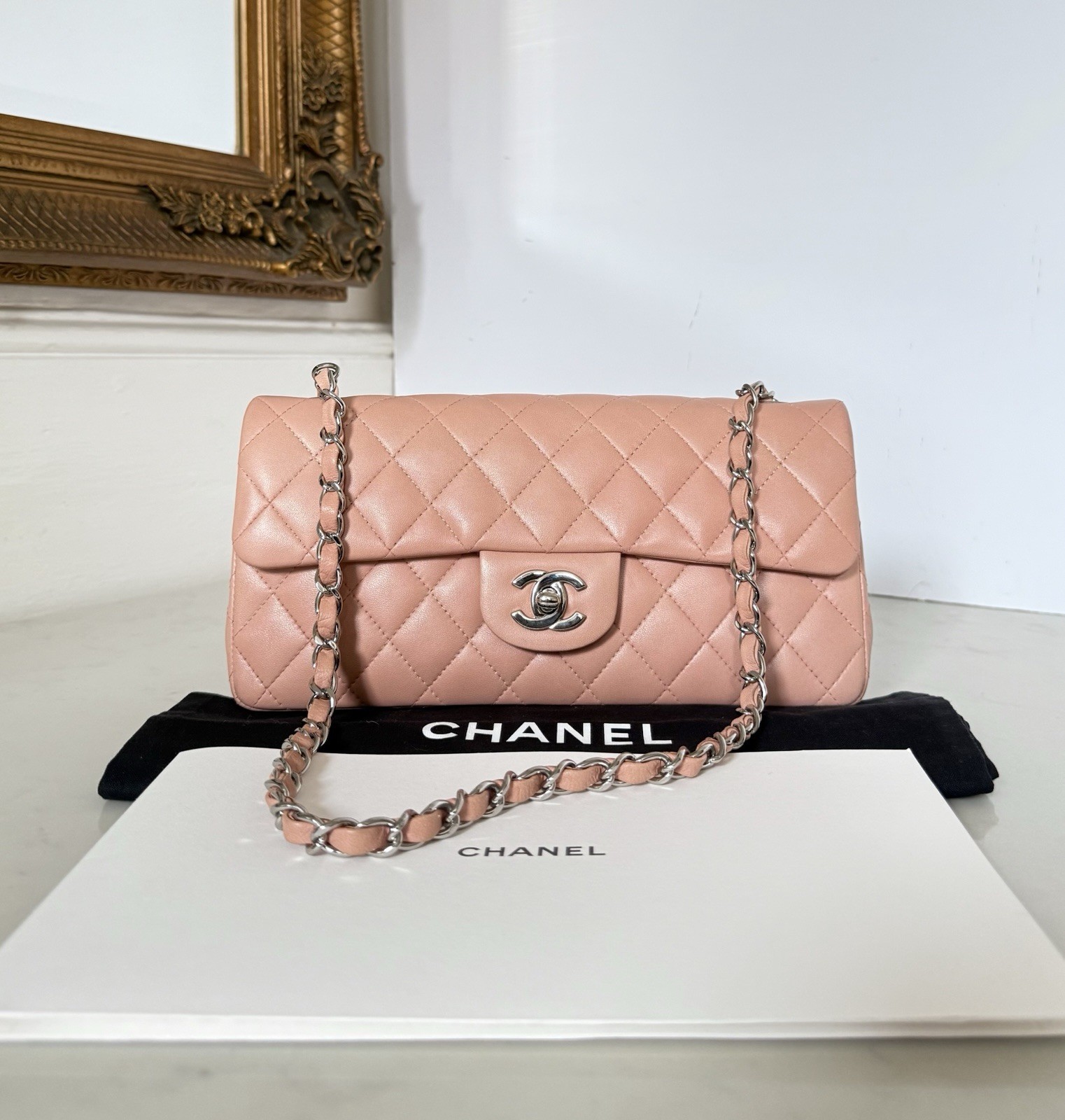 Chanel Classic Single Flap East West Bag Silver Hardware Lambskin AUTHENTIC