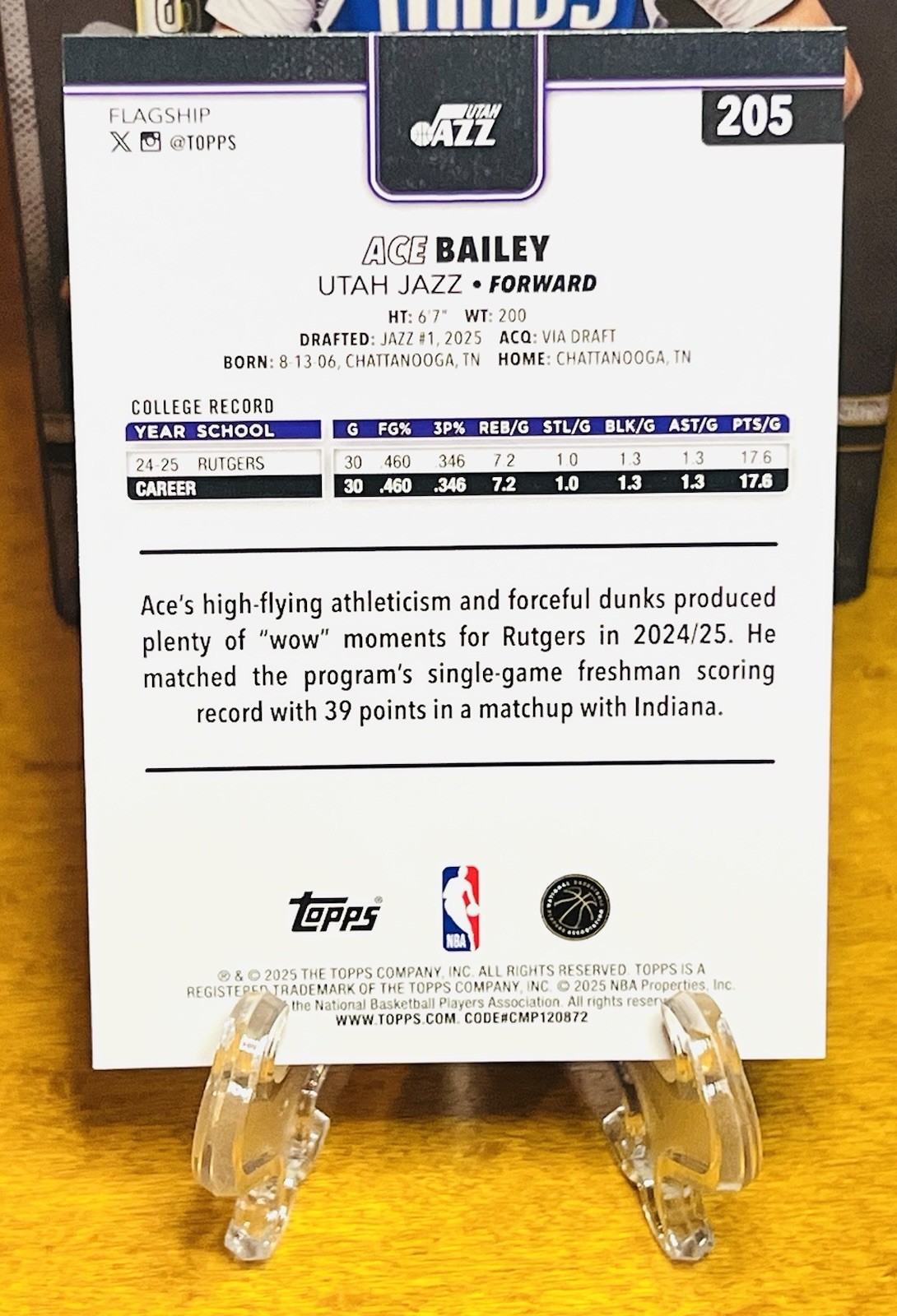 Ace Bailey 2025-26 Topps Flagship RC Rookie #205 Gold /2025 Jazz