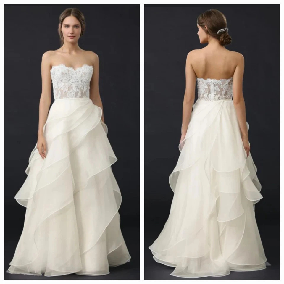 Vestido de novia REEM ACRA "She's In Love" sin tirantes de encaje seda organza en capas crudo 8 Foto 2 de 4